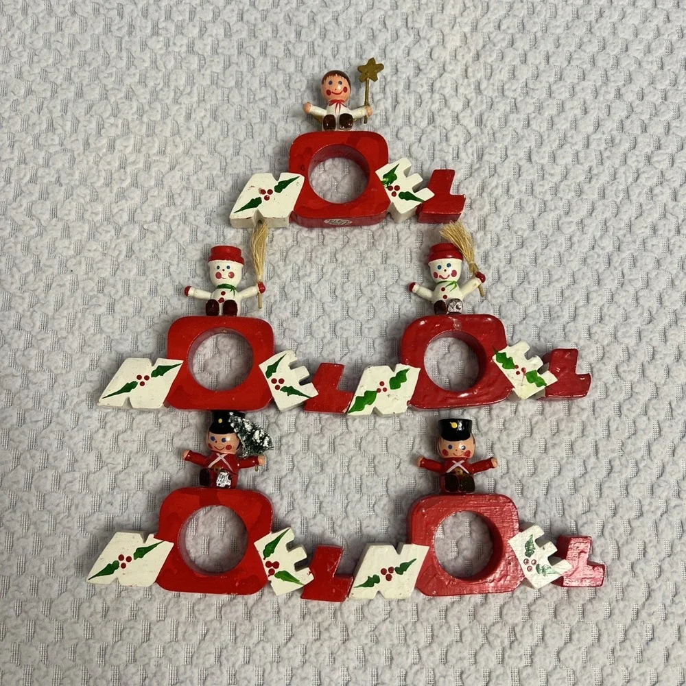 Vtg‎ Vera Neumann Napkin Rings Wood Christmas Holiday Hand Painted Tablescape
